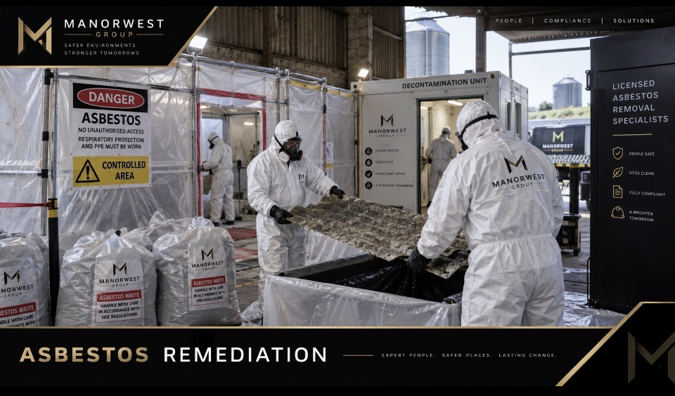 Asbestos remediation specialists working in controlled conditions