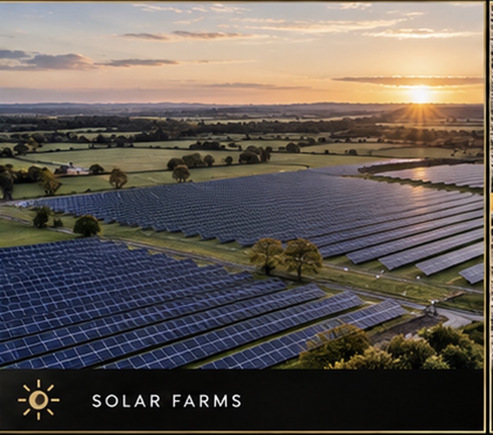 Solar farm across agricultural land at sunset
